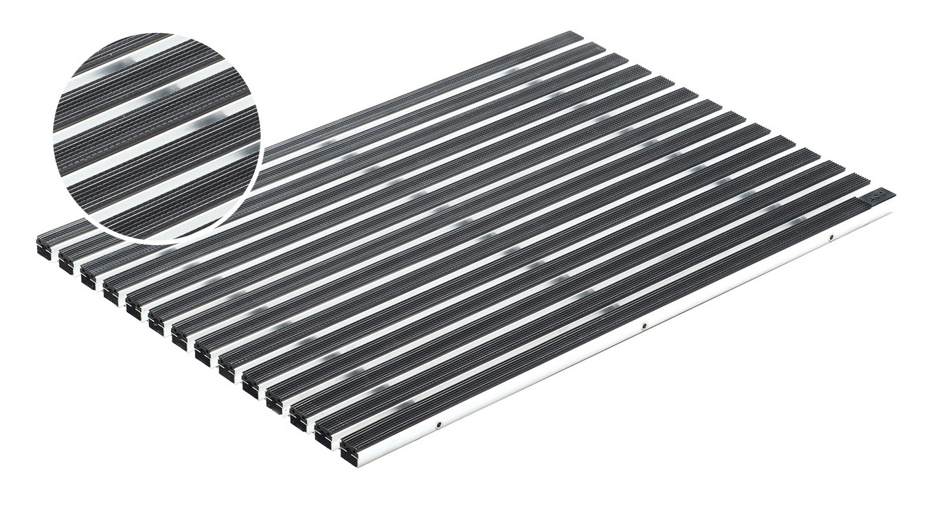 Voetmat met draagprofiel uit aluminium, uitvoering met reinigbare rubberstroken, zwart